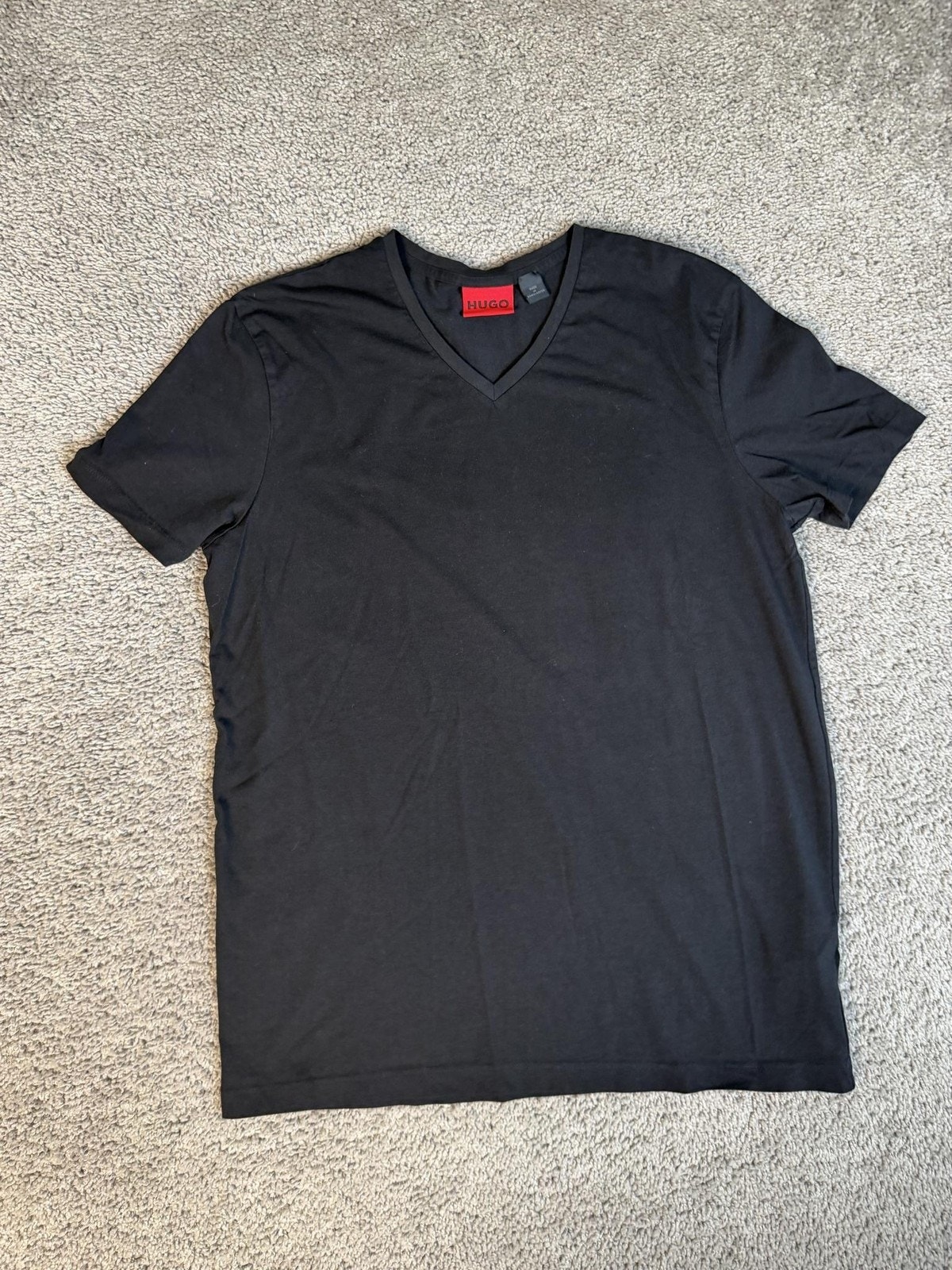 Hugo Shirt Mens Xl Black V-Neck Logo Slim Fit Cotton Spandex Jersey Short Sleeve